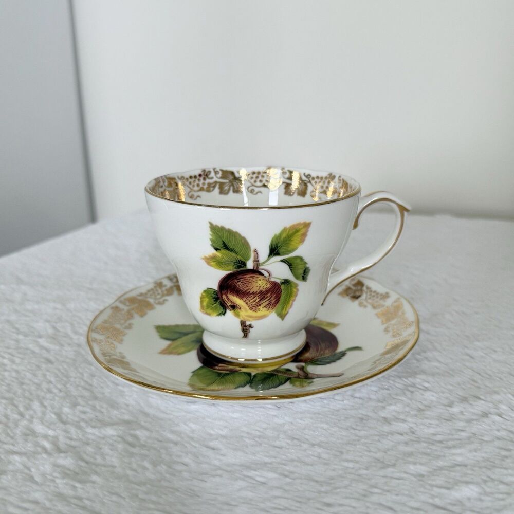 DUCHESS Tea Cup & Saucer Vintage Set w/ Apples & Gold Grape Leaf Trim